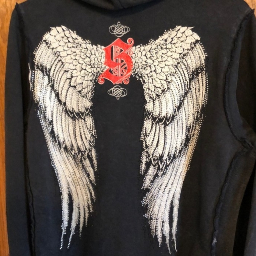 Sinful Rare Black Cotton Hoodie With Rhinestone Wings - Picture 2 of 7